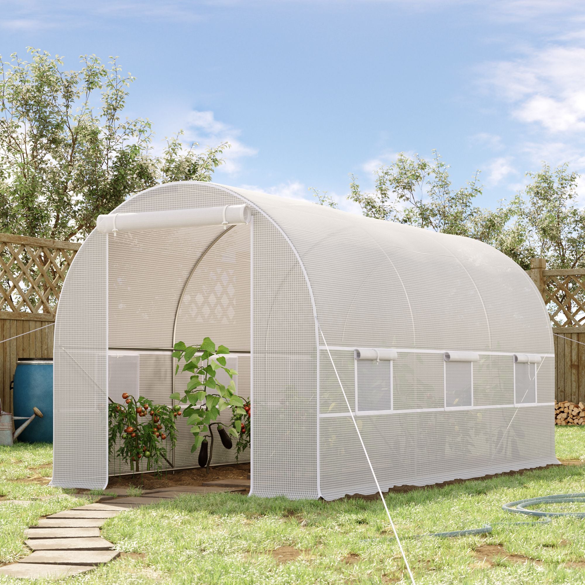 4x2x2 m Outdoor Greenhouse Tunnel greenhouse with 6 Roll-up Mesh Windows and Zipper Door Anti-UV Veggie Greenhouse for Patio Garden White
