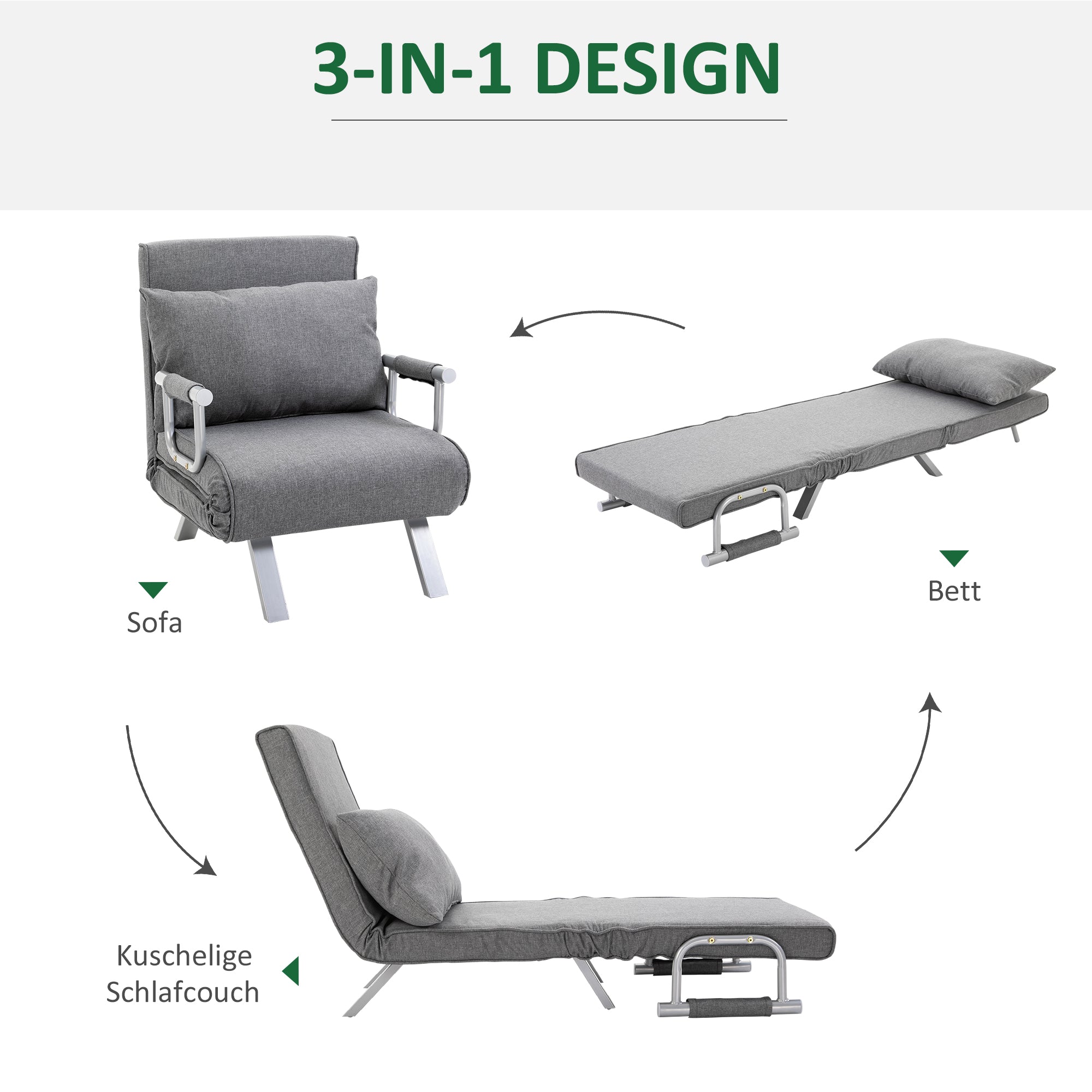Sleeper Sofa with Armrest 3-in-1 Sleeper Chair Guest Bed Folding Mattress Folding Bed Chaise Lounge Multifunction Linen-like Polyester Grey 65 x 69 x 80 cm