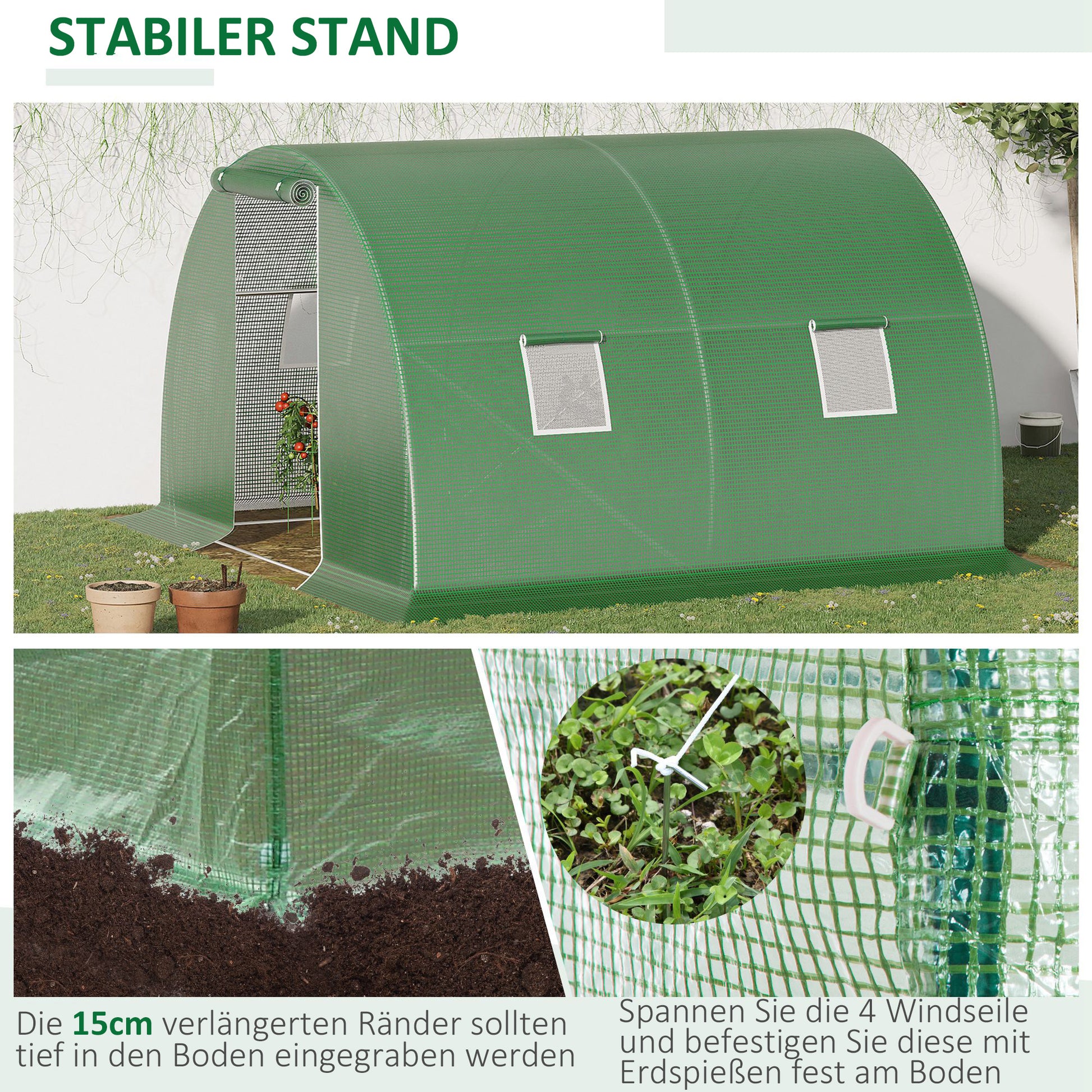 Polytunnel Walk-in Greenhouse 3 x 3 m Greenhouse with 4 Windows Plant Frost Protection Steel Tube Dark Green