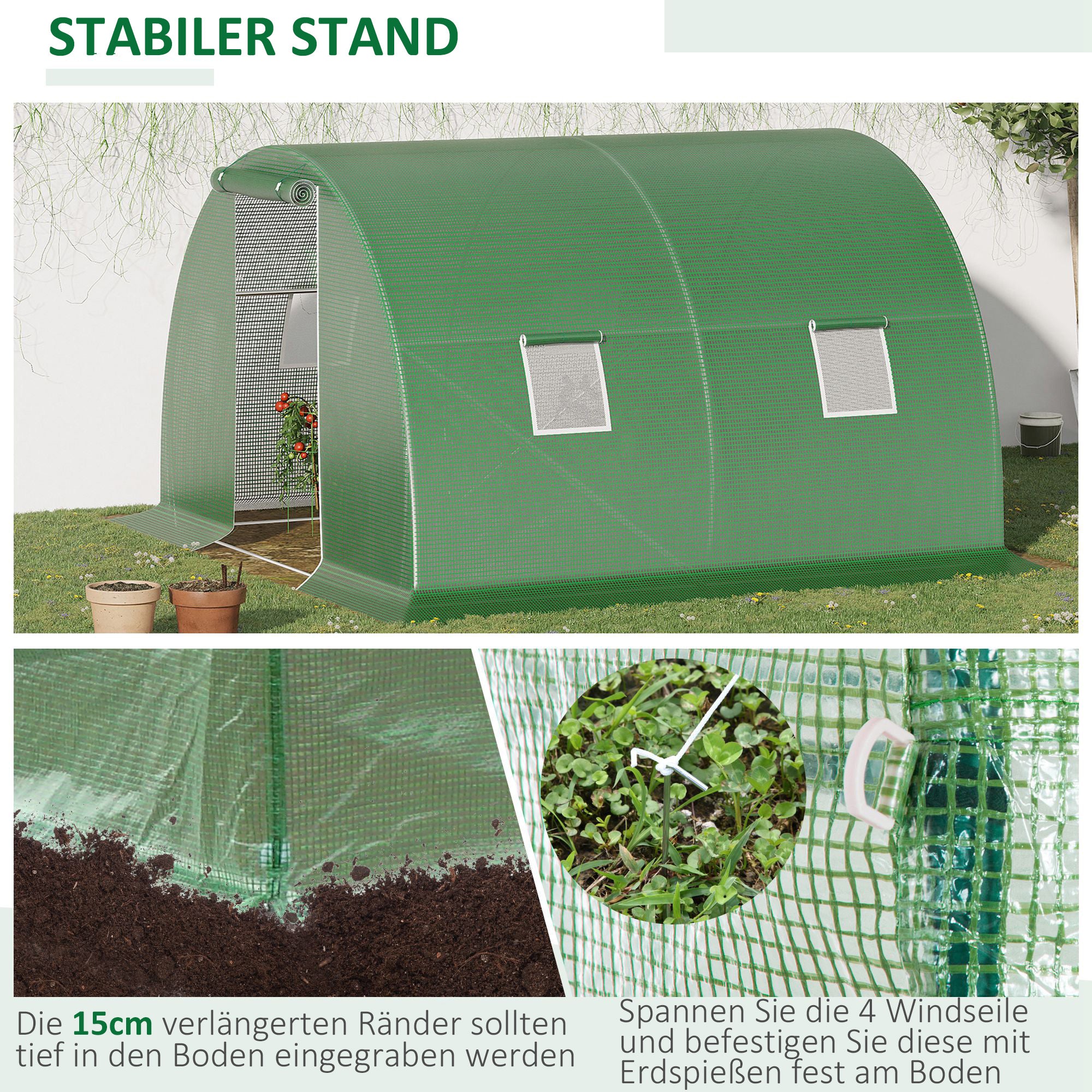 Polytunnel Walk-in Greenhouse 3 x 3 m Greenhouse with 4 Windows Plant Frost Protection Steel Tube Dark Green