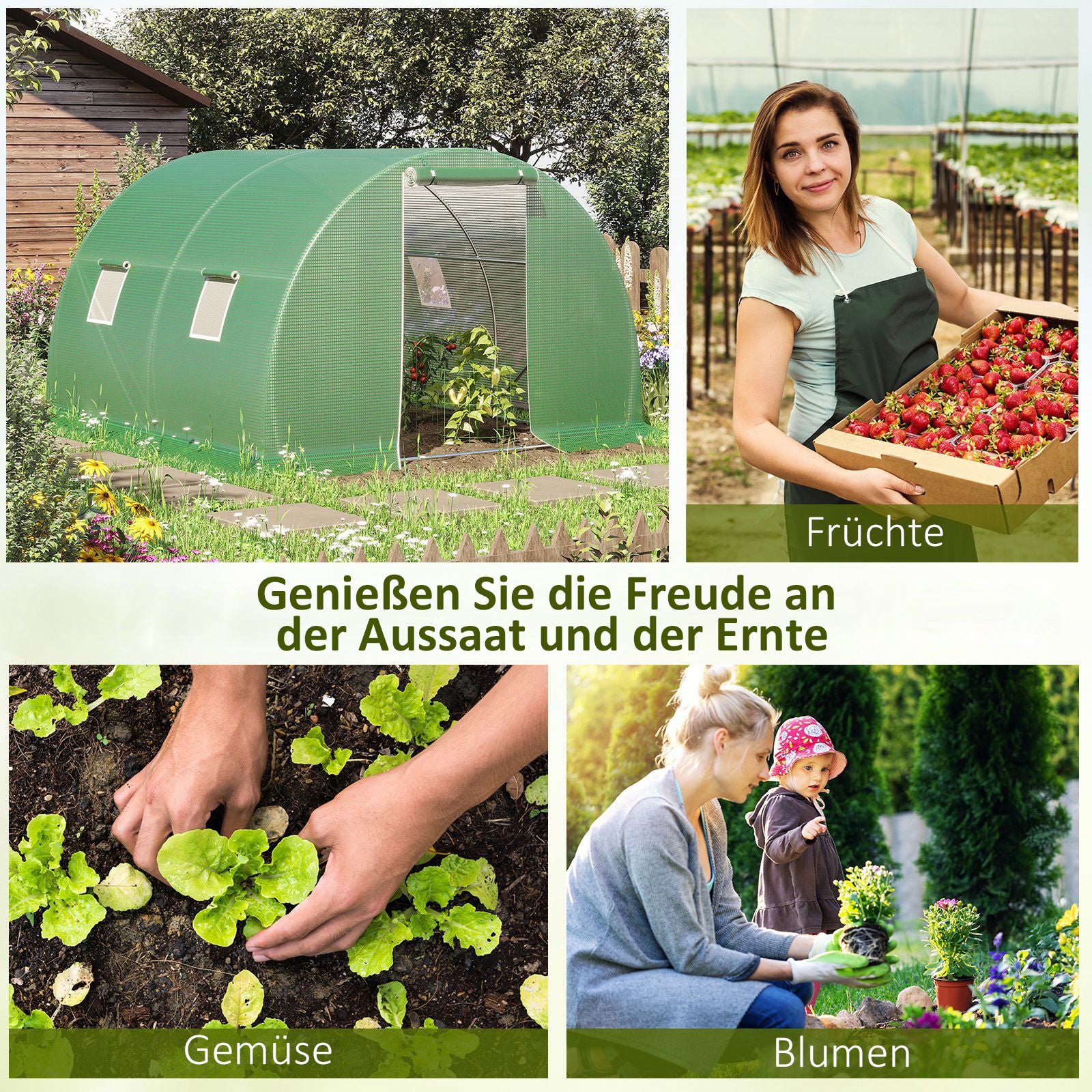 Polytunnel Walk-in Greenhouse 3 x 3 m Greenhouse with 4 Windows Plant Frost Protection Steel Tube Dark Green
