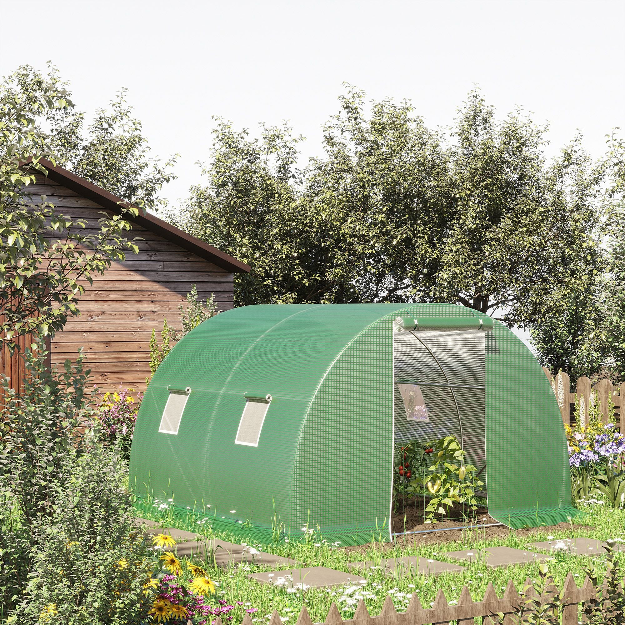 Polytunnel Walk-in Greenhouse 3 x 3 m Greenhouse with 4 Windows Plant Frost Protection Steel Tube Dark Green