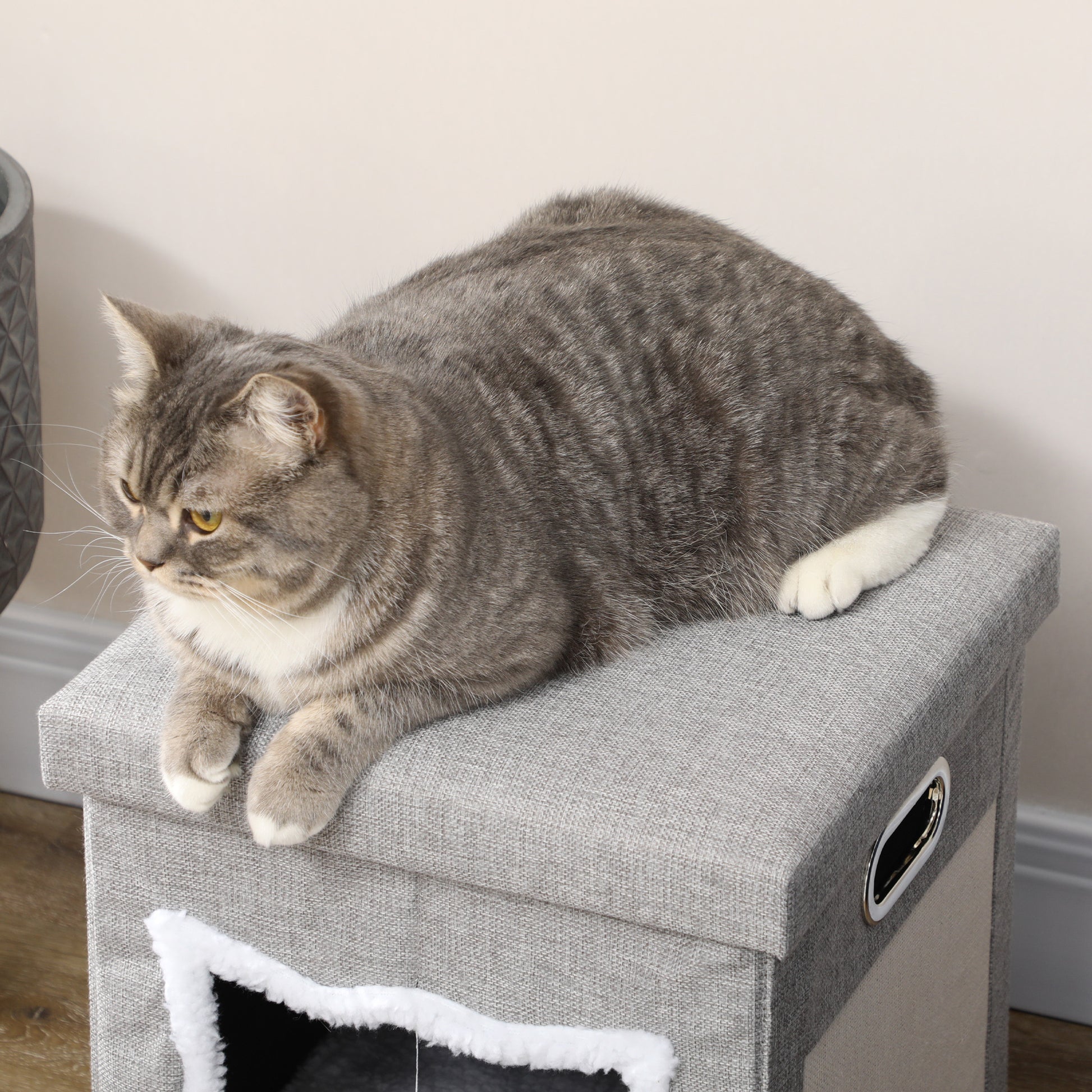 Cat Cave, Cat House with Pillow, Cat Bed with Scratching Pad, Ottoman, Cozy Cave with Play Ball, Non-Slip Cat Hut, Polyester, Gray, 35.5 x 35.5 x 42.5 cm
