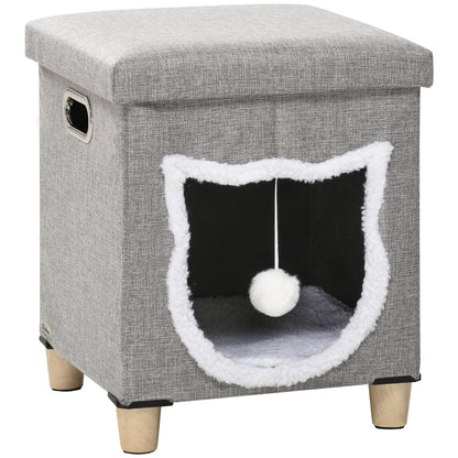 Cat Cave, Cat House with Pillow, Cat Bed with Scratching Pad, Ottoman, Cozy Cave with Play Ball, Non-Slip Cat Hut, Polyester, Gray, 35.5 x 35.5 x 42.5 cm