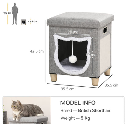 Cat Cave, Cat House with Pillow, Cat Bed with Scratching Pad, Ottoman, Cozy Cave with Play Ball, Non-Slip Cat Hut, Polyester, Gray, 35.5 x 35.5 x 42.5 cm