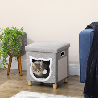 Cat Cave, Cat House with Pillow, Cat Bed with Scratching Pad, Ottoman, Cozy Cave with Play Ball, Non-Slip Cat Hut, Polyester, Gray, 35.5 x 35.5 x 42.5 cm