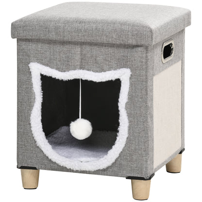 Cat Cave, Cat House with Pillow, Cat Bed with Scratching Pad, Ottoman, Cozy Cave with Play Ball, Non-Slip Cat Hut, Polyester, Gray, 35.5 x 35.5 x 42.5 cm