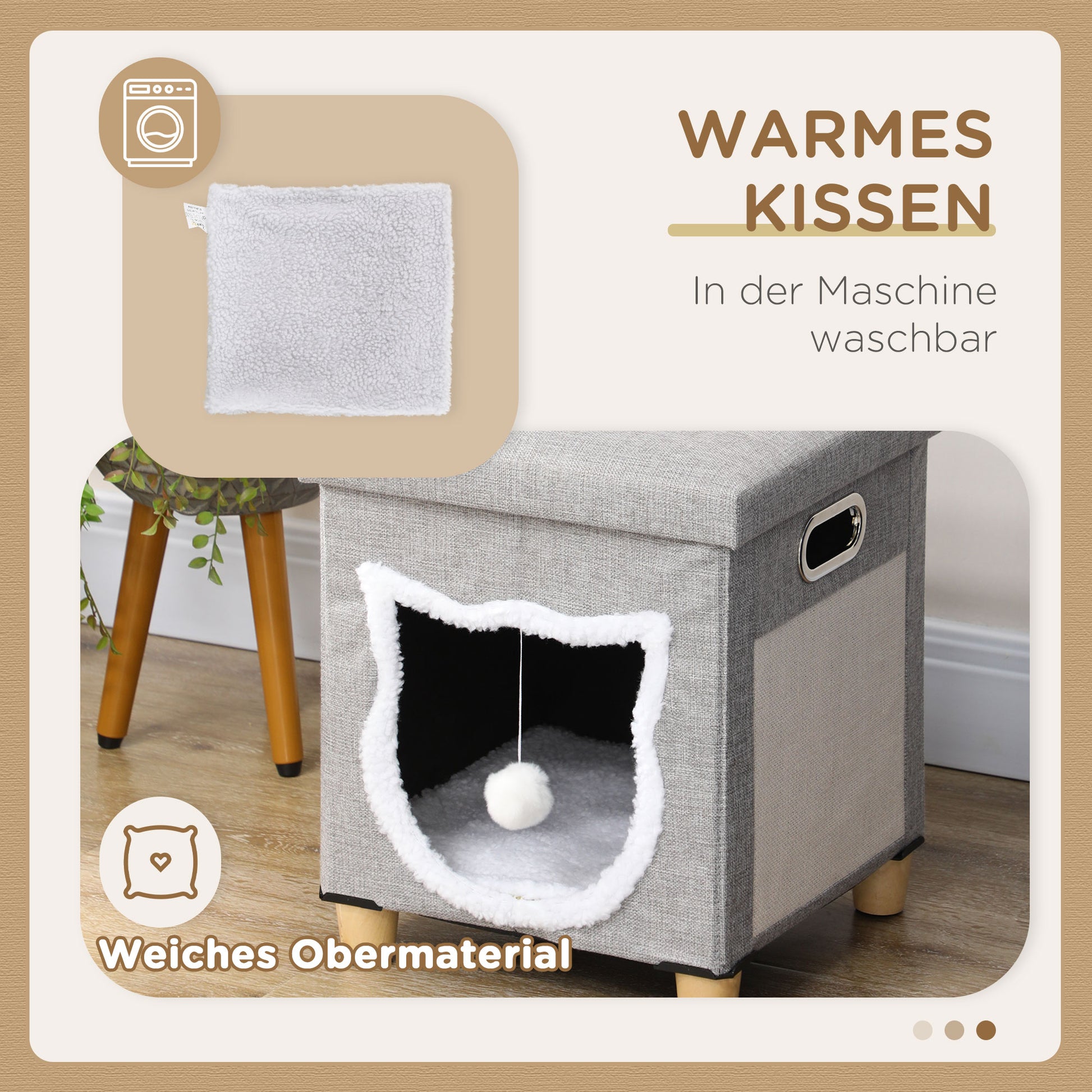 Cat Cave, Cat House with Pillow, Cat Bed with Scratching Pad, Ottoman, Cozy Cave with Play Ball, Non-Slip Cat Hut, Polyester, Gray, 35.5 x 35.5 x 42.5 cm