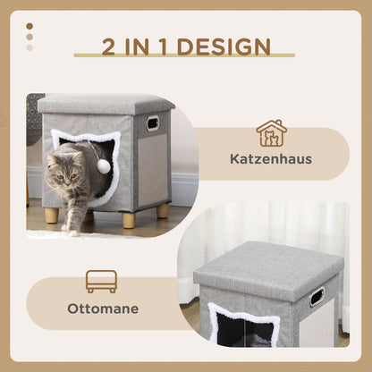 Cat Cave, Cat House with Pillow, Cat Bed with Scratching Pad, Ottoman, Cozy Cave with Play Ball, Non-Slip Cat Hut, Polyester, Gray, 35.5 x 35.5 x 42.5 cm