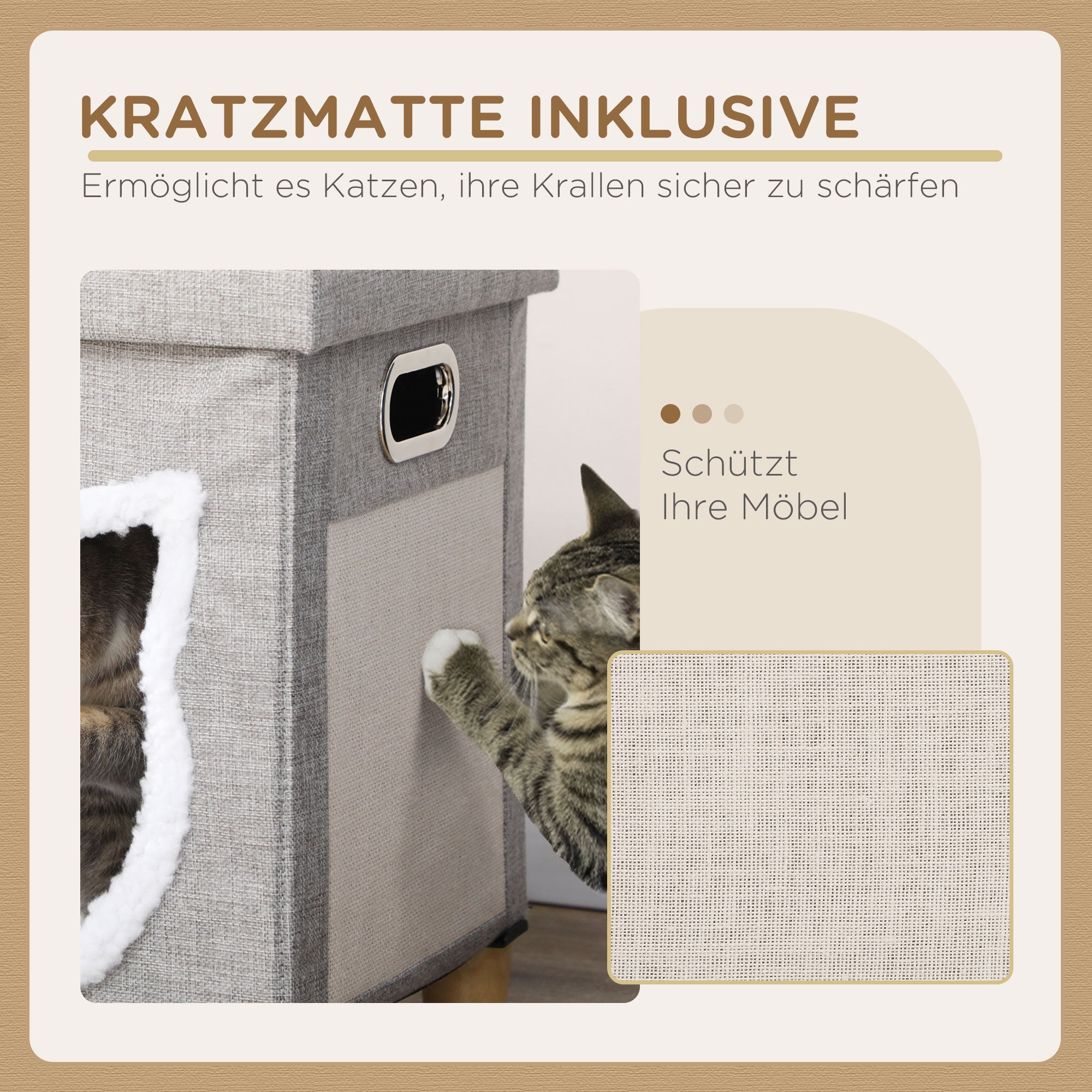 Cat Cave, Cat House with Pillow, Cat Bed with Scratching Pad, Ottoman, Cozy Cave with Play Ball, Non-Slip Cat Hut, Polyester, Gray, 35.5 x 35.5 x 42.5 cm