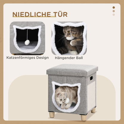 Cat Cave, Cat House with Pillow, Cat Bed with Scratching Pad, Ottoman, Cozy Cave with Play Ball, Non-Slip Cat Hut, Polyester, Gray, 35.5 x 35.5 x 42.5 cm