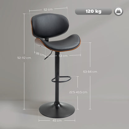 Set of 2 Bar Stools, Height Adjustable Kitchen Stools, Counter Chairs made of Faux Leather, Swivel Stool with Footrests, Barstool for Kitchen, Dining Room, Black, Steel, 53 x 52 x 92-112 cm