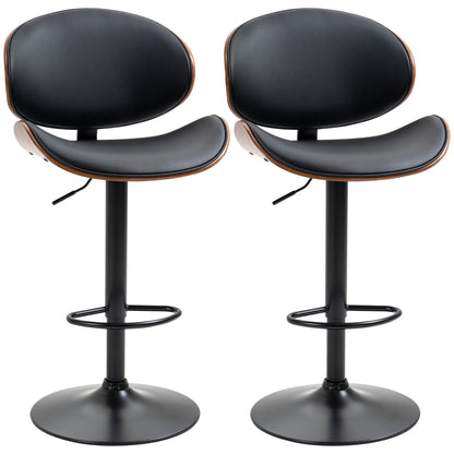 Set of 2 Bar Stools, Height Adjustable Kitchen Stools, Counter Chairs made of Faux Leather, Swivel Stool with Footrests, Barstool for Kitchen, Dining Room, Black, Steel, 53 x 52 x 92-112 cm