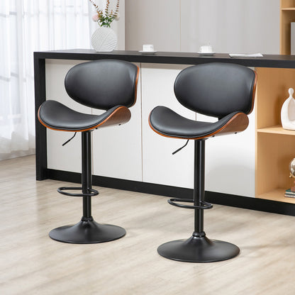 Set of 2 Bar Stools, Height Adjustable Kitchen Stools, Counter Chairs made of Faux Leather, Swivel Stool with Footrests, Barstool for Kitchen, Dining Room, Black, Steel, 53 x 52 x 92-112 cm