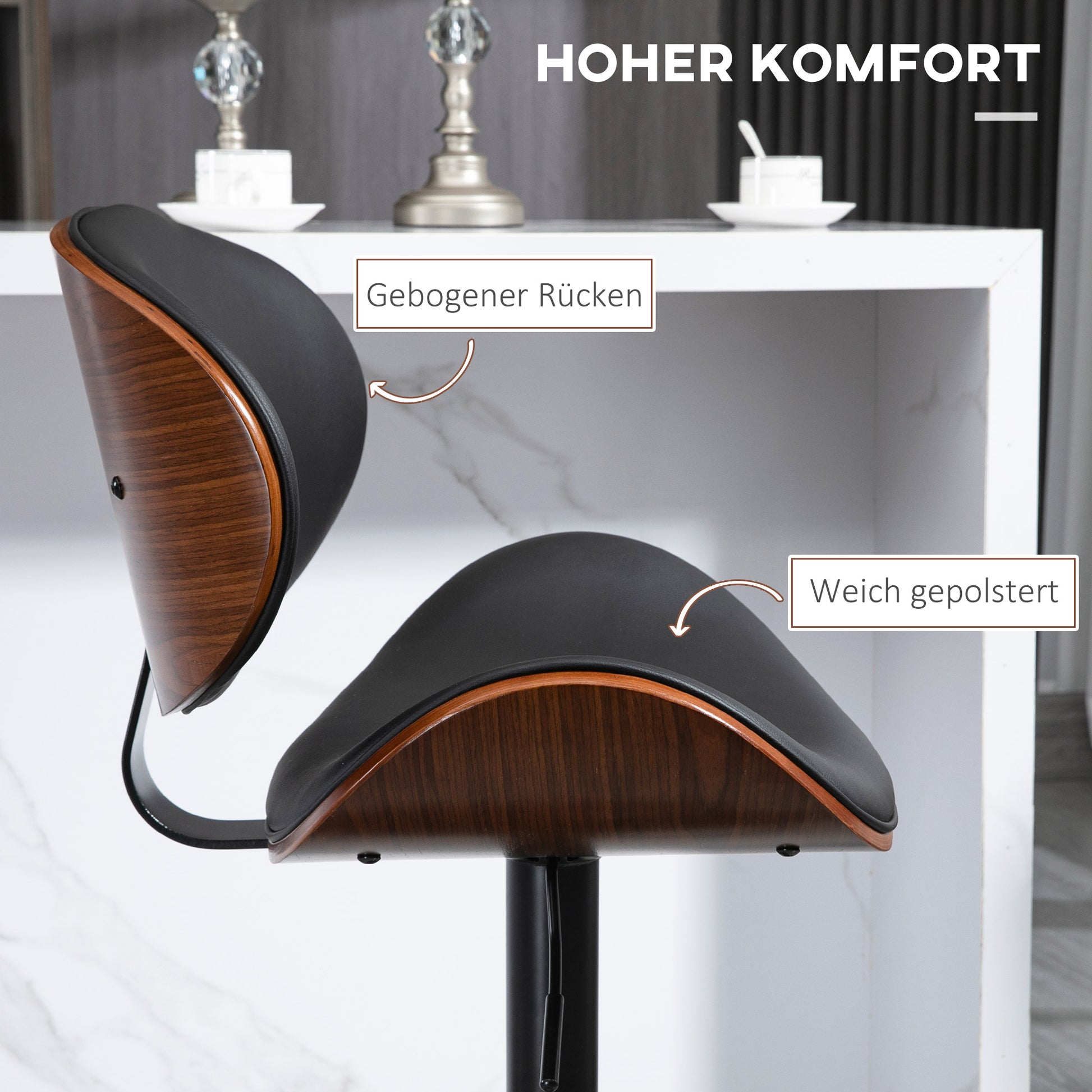 Set of 2 Bar Stools, Height Adjustable Kitchen Stools, Counter Chairs made of Faux Leather, Swivel Stool with Footrests, Barstool for Kitchen, Dining Room, Black, Steel, 53 x 52 x 92-112 cm