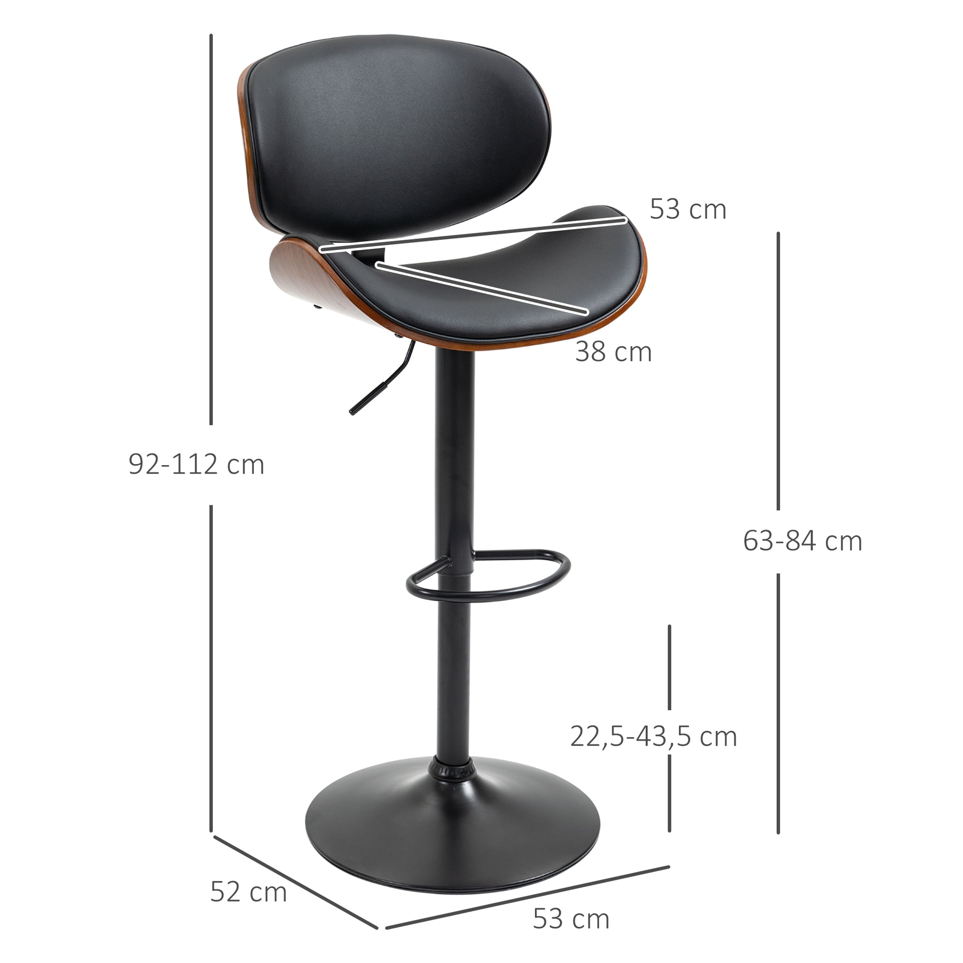 Set of 2 Bar Stools, Height Adjustable Kitchen Stools, Counter Chairs made of Faux Leather, Swivel Stool with Footrests, Barstool for Kitchen, Dining Room, Black, Steel, 53 x 52 x 92-112 cm