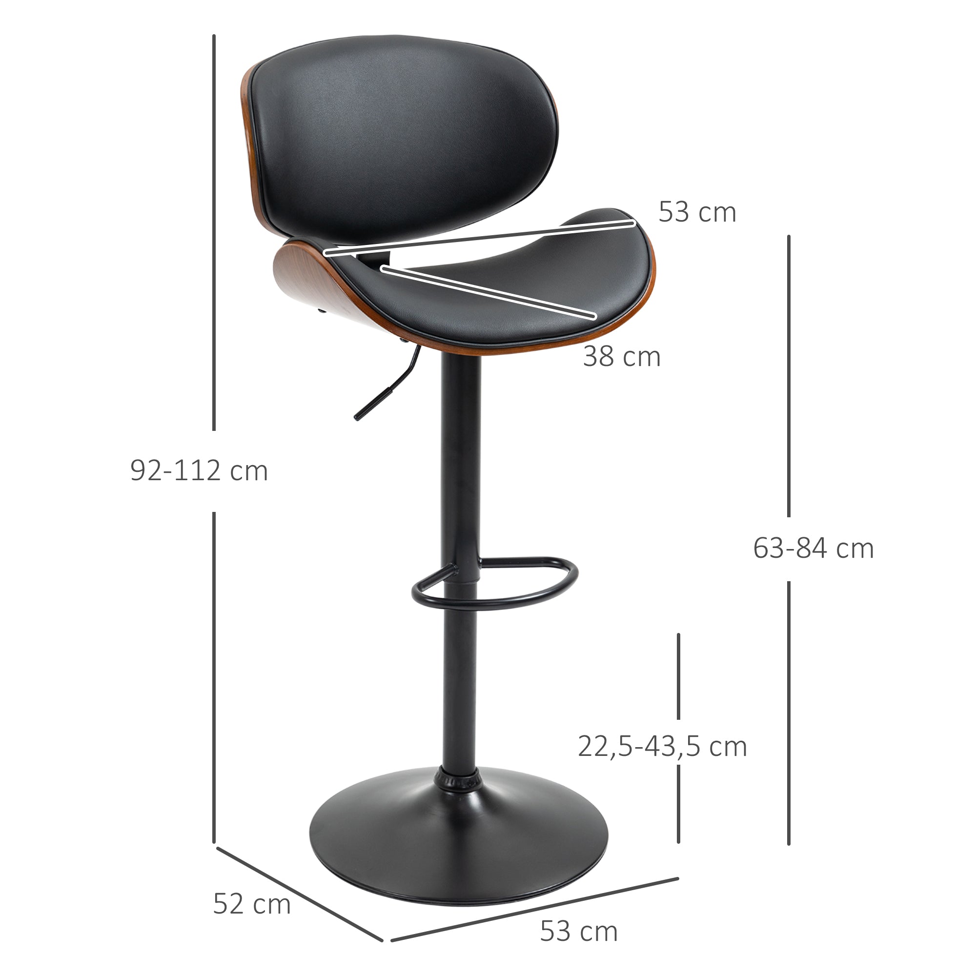 Set of 2 Bar Stools, Height Adjustable Kitchen Stools, Counter Chairs made of Faux Leather, Swivel Stool with Footrests, Barstool for Kitchen, Dining Room, Black, Steel, 53 x 52 x 92-112 cm