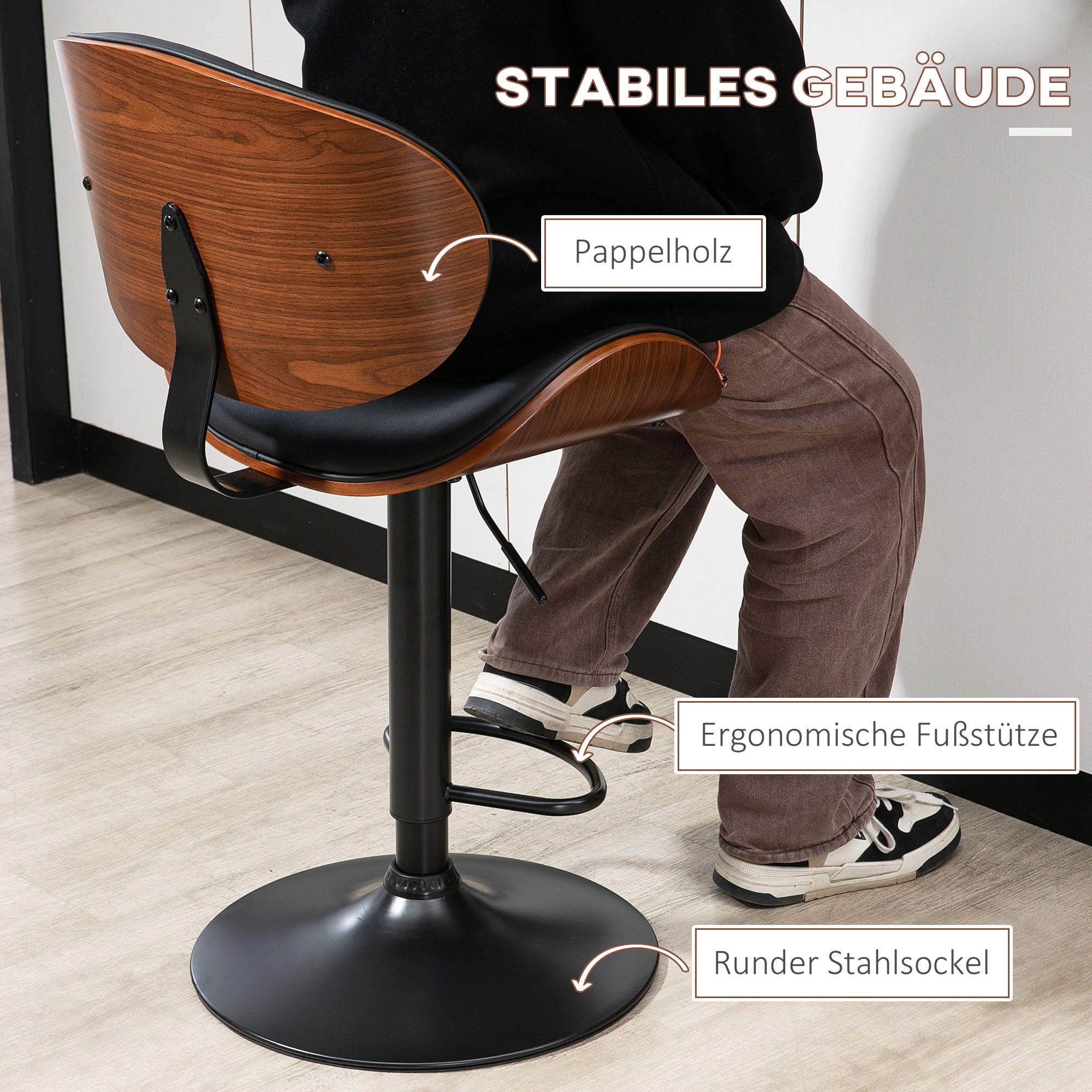 Set of 2 Bar Stools, Height Adjustable Kitchen Stools, Counter Chairs made of Faux Leather, Swivel Stool with Footrests, Barstool for Kitchen, Dining Room, Black, Steel, 53 x 52 x 92-112 cm