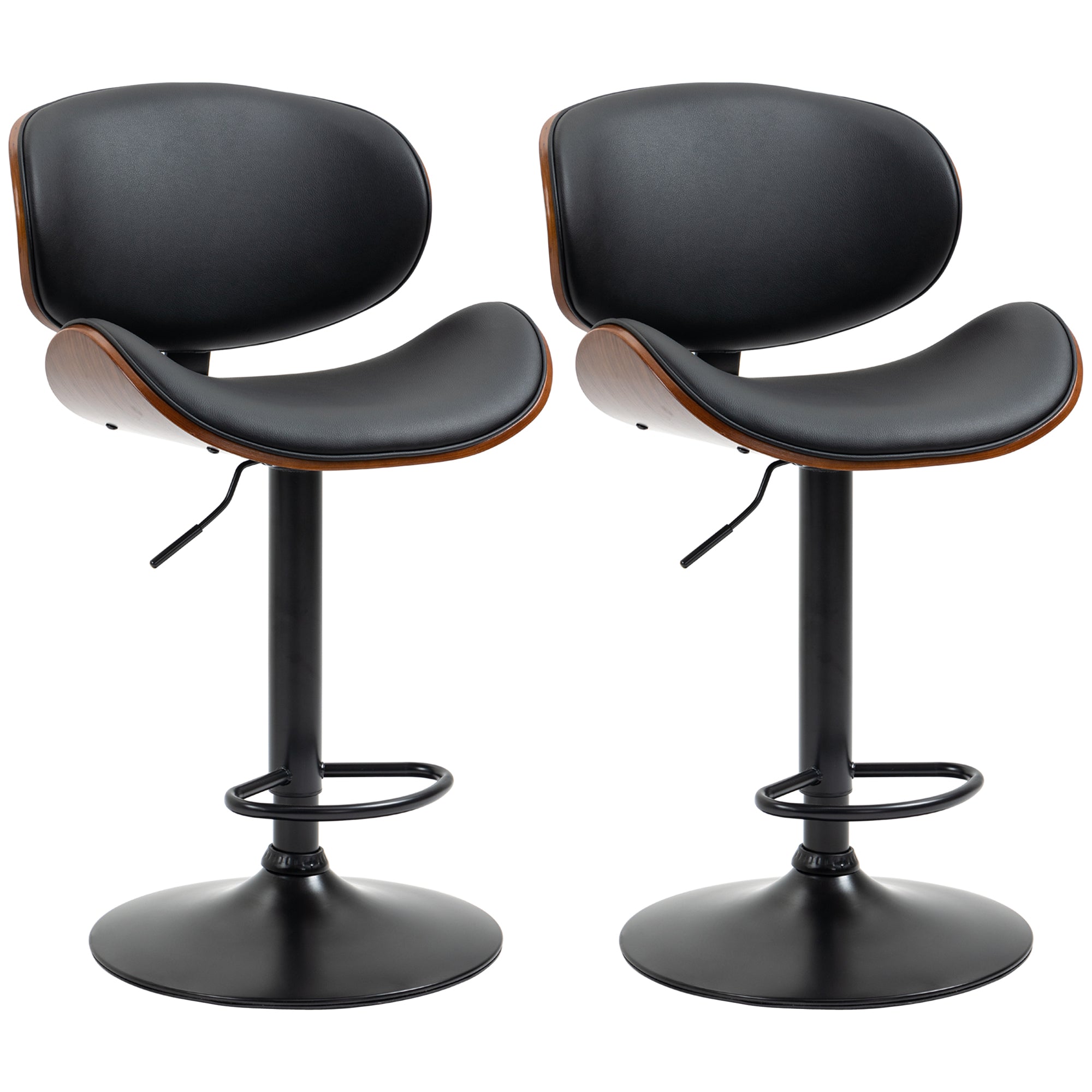Set of 2 Bar Stools, Height Adjustable Kitchen Stools, Counter Chairs made of Faux Leather, Swivel Stool with Footrests, Barstool for Kitchen, Dining Room, Black, Steel, 53 x 52 x 92-112 cm