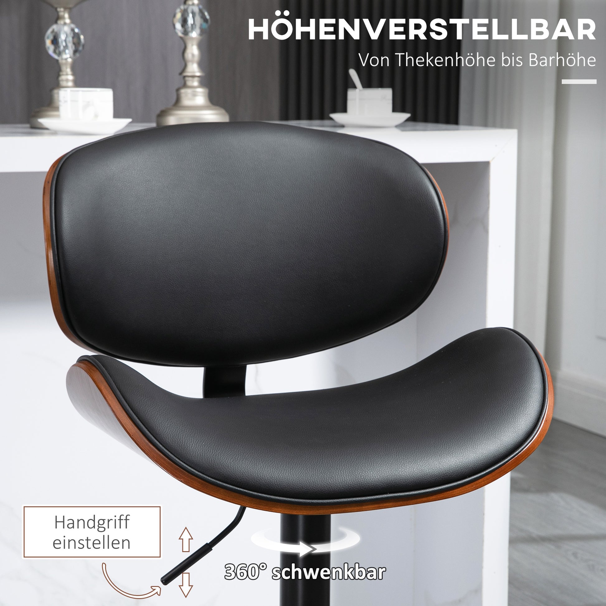Set of 2 Bar Stools, Height Adjustable Kitchen Stools, Counter Chairs made of Faux Leather, Swivel Stool with Footrests, Barstool for Kitchen, Dining Room, Black, Steel, 53 x 52 x 92-112 cm
