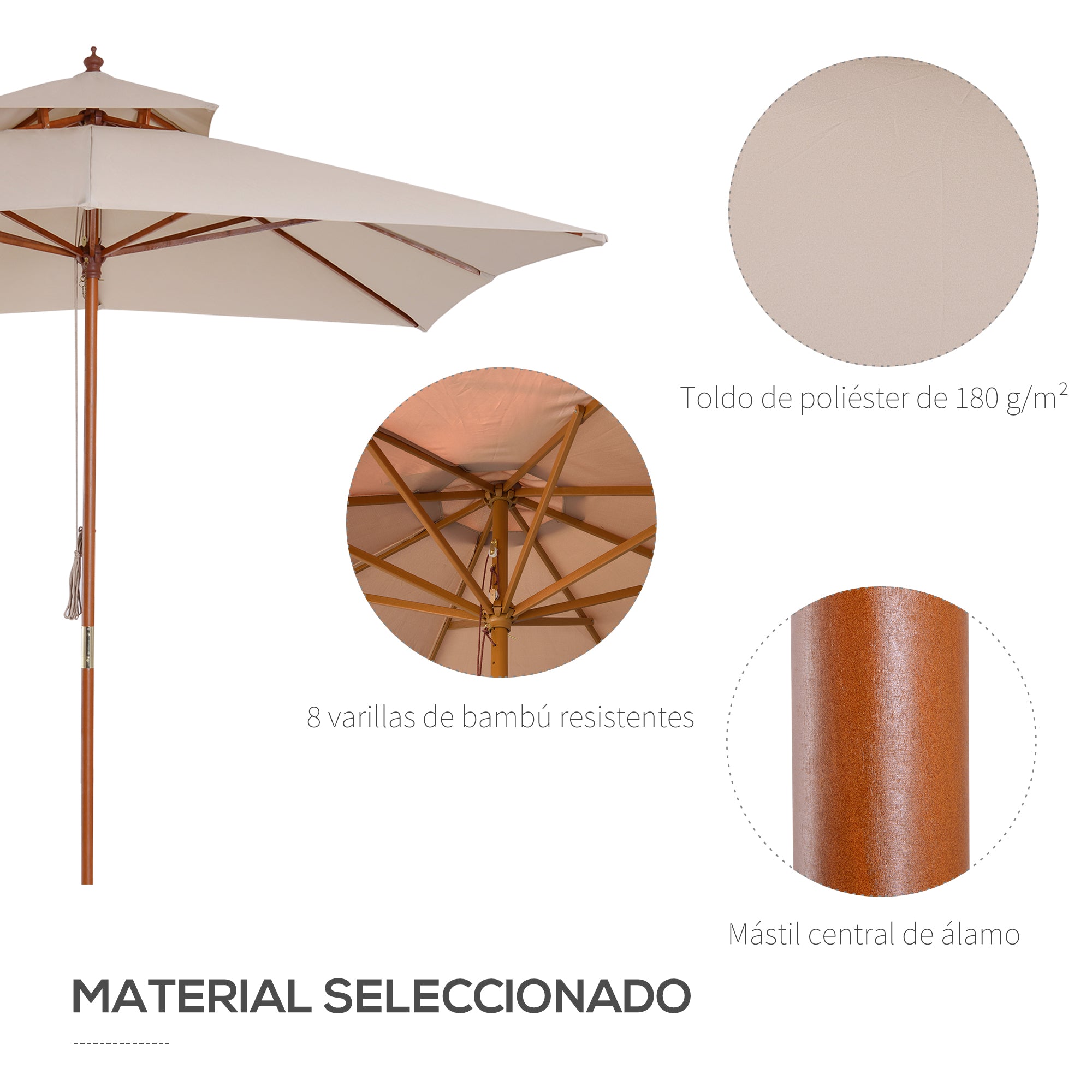 Garden Umbrella 3x3x3 m Bamboo Garden Parasol with Double Roof Pulley System Waterproof for Terrace Balcony Outdoor Beige