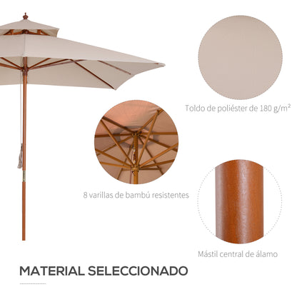Garden Umbrella 3x3x3 m Bamboo Garden Parasol with Double Roof Pulley System Waterproof for Terrace Balcony Outdoor Beige