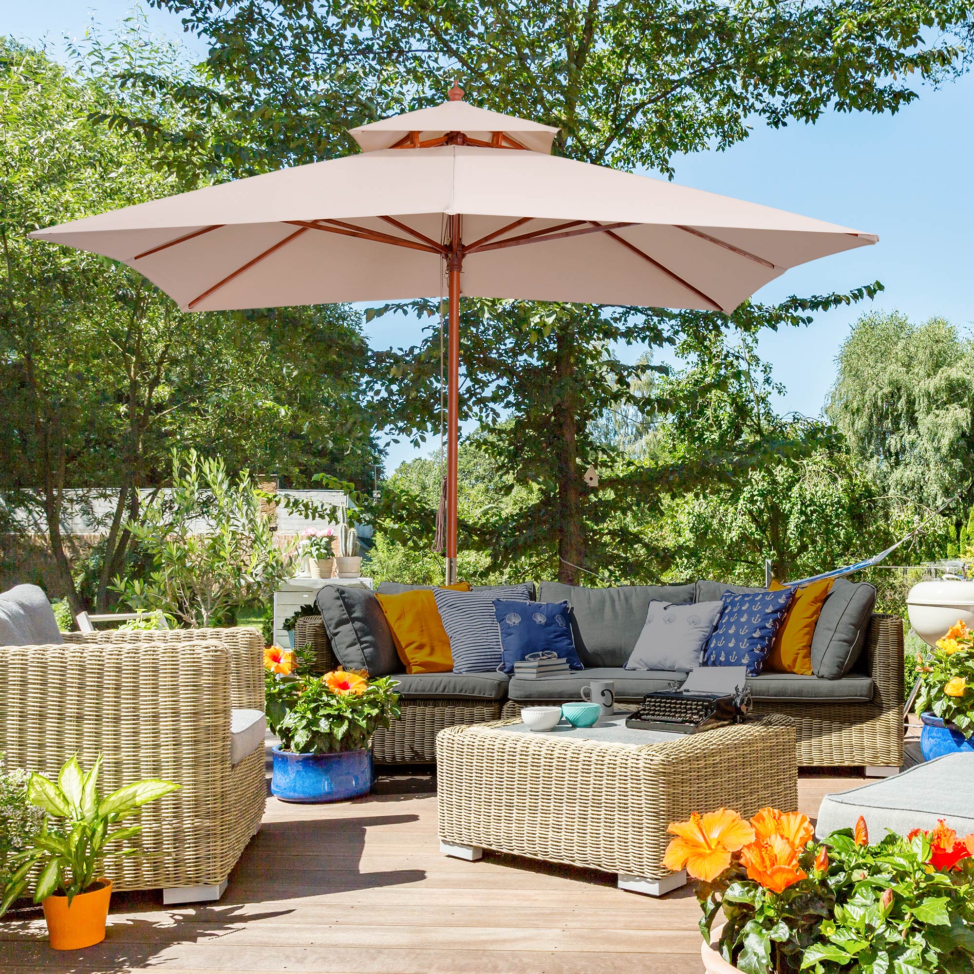 Garden Umbrella 3x3x3 m Bamboo Garden Parasol with Double Roof Pulley System Waterproof for Terrace Balcony Outdoor Beige