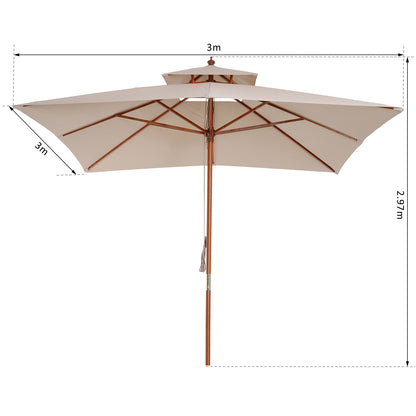 Garden Umbrella 3x3x3 m Bamboo Garden Parasol with Double Roof Pulley System Waterproof for Terrace Balcony Outdoor Beige