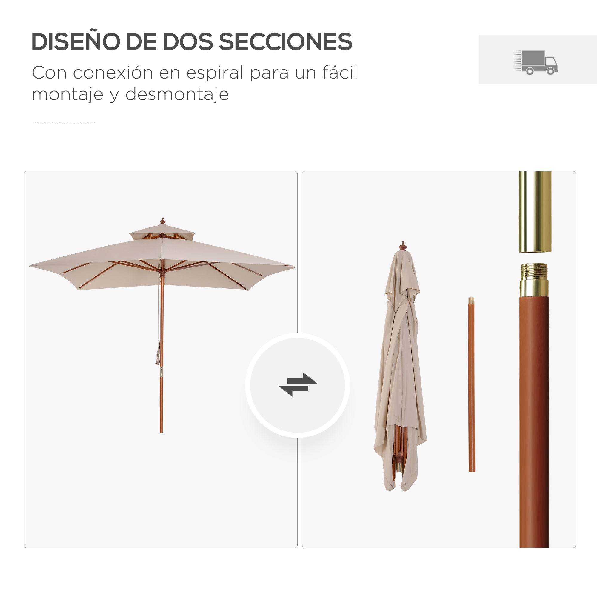 Garden Umbrella 3x3x3 m Bamboo Garden Parasol with Double Roof Pulley System Waterproof for Terrace Balcony Outdoor Beige