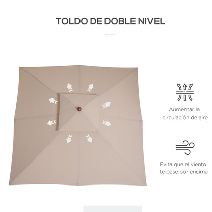 Garden Umbrella 3x3x3 m Bamboo Garden Parasol with Double Roof Pulley System Waterproof for Terrace Balcony Outdoor Beige