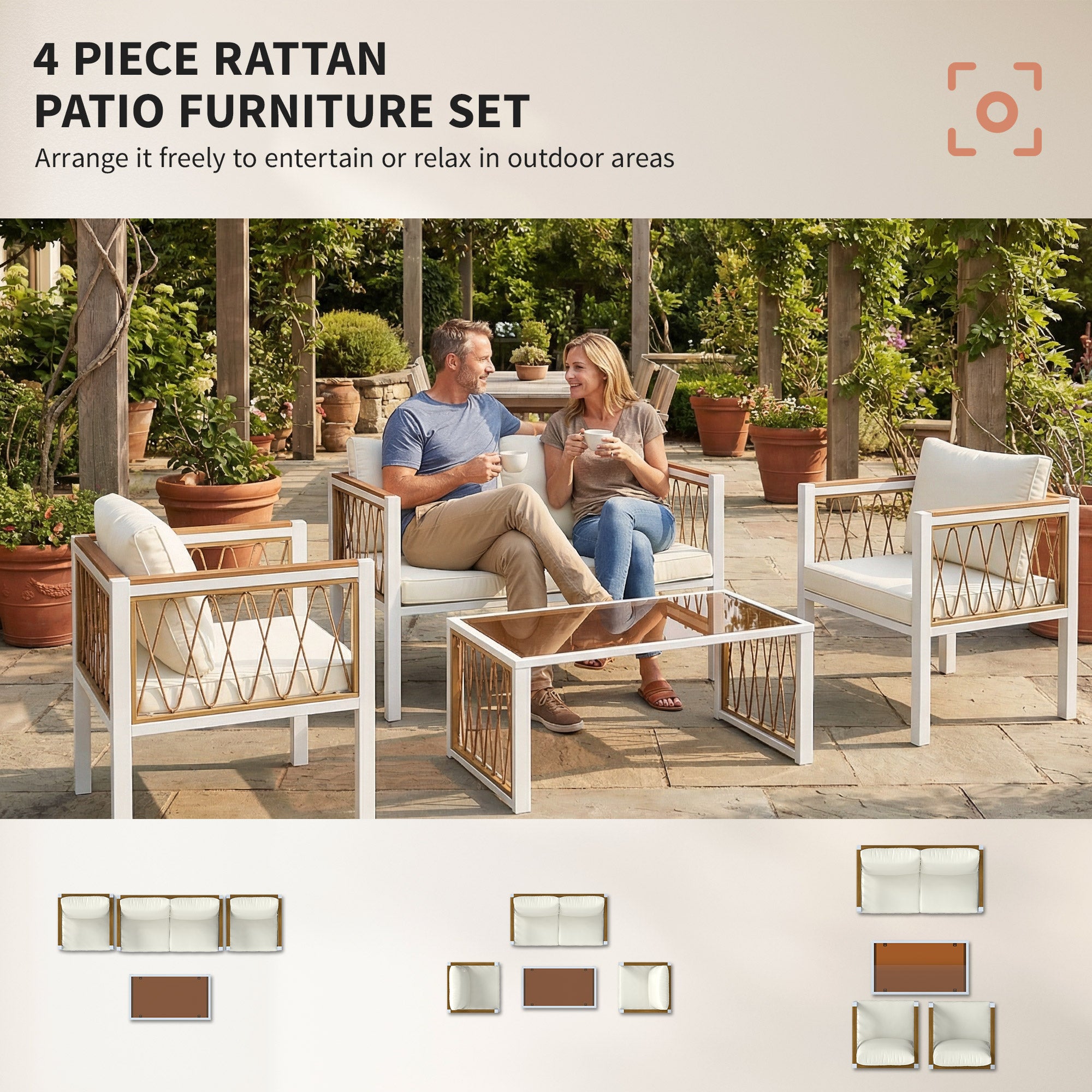 4-Piece Outdoor Rattan Lounge Set — Loveseat, 2 Armchairs & Glass Coffee Table, Removable Cushions, Non-Slip Pads, Balcony/Garden Seating for 4, Cream White