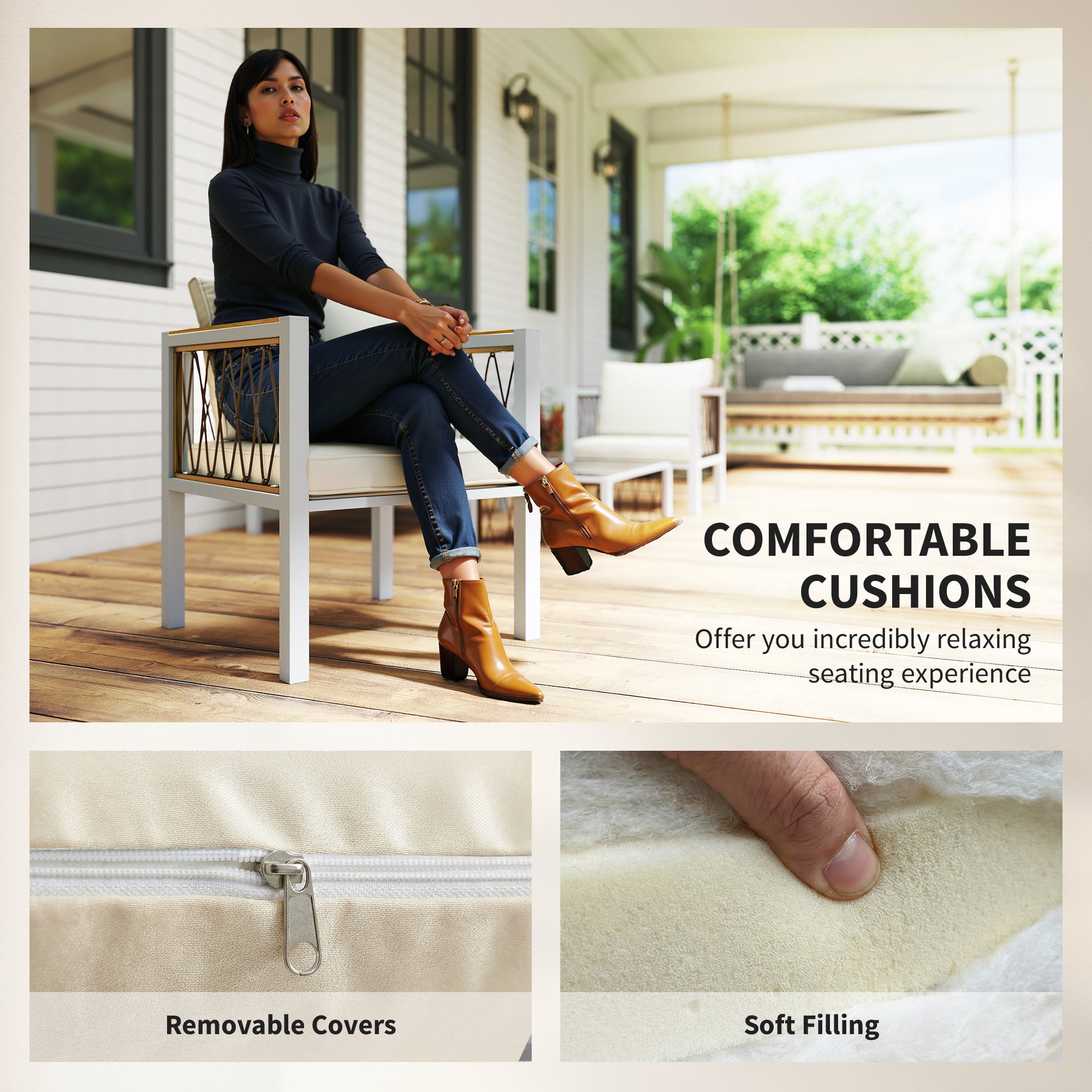 4-Piece Outdoor Rattan Lounge Set — Loveseat, 2 Armchairs & Glass Coffee Table, Removable Cushions, Non-Slip Pads, Balcony/Garden Seating for 4, Cream White
