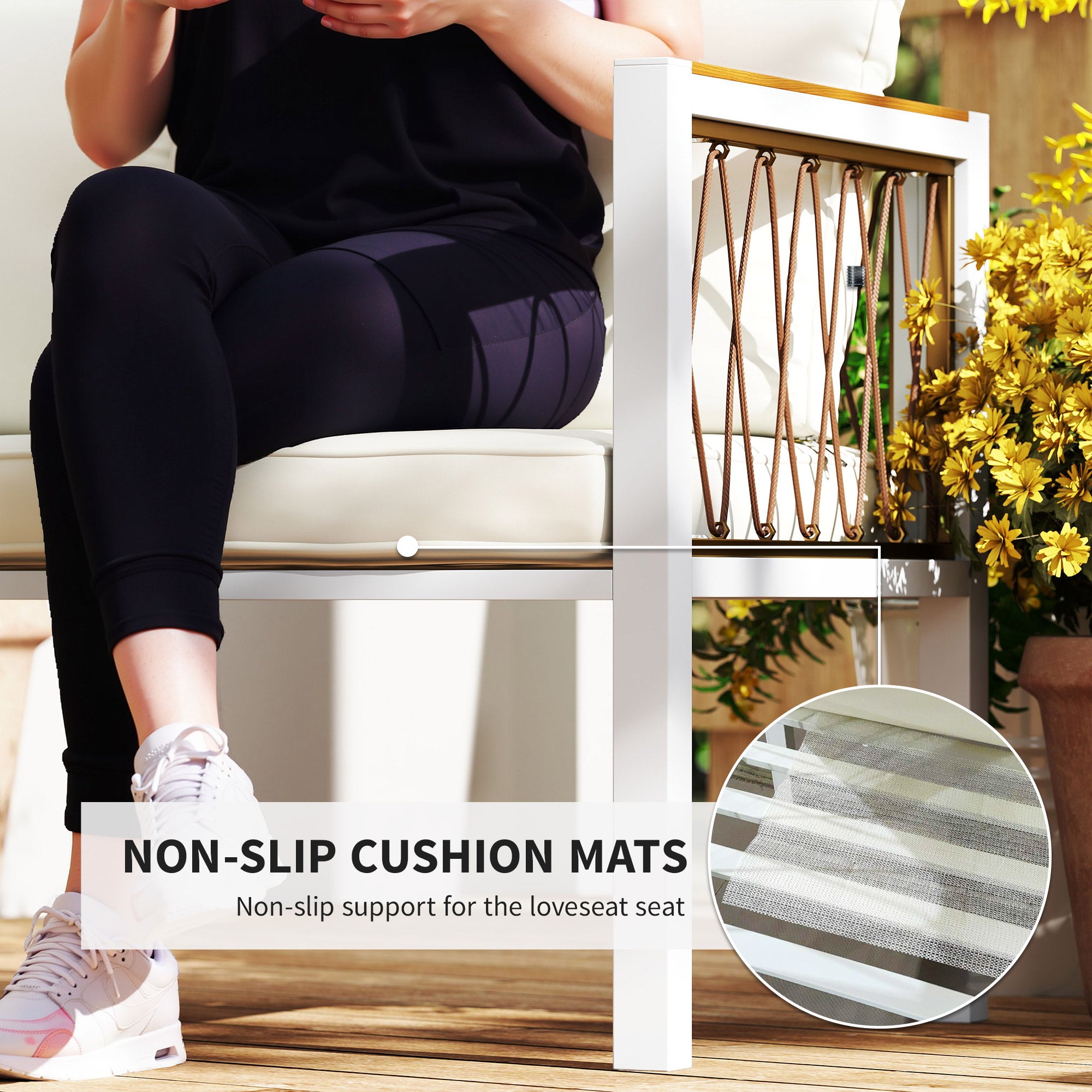 4-Piece Outdoor Rattan Lounge Set — Loveseat, 2 Armchairs & Glass Coffee Table, Removable Cushions, Non-Slip Pads, Balcony/Garden Seating for 4, Cream White