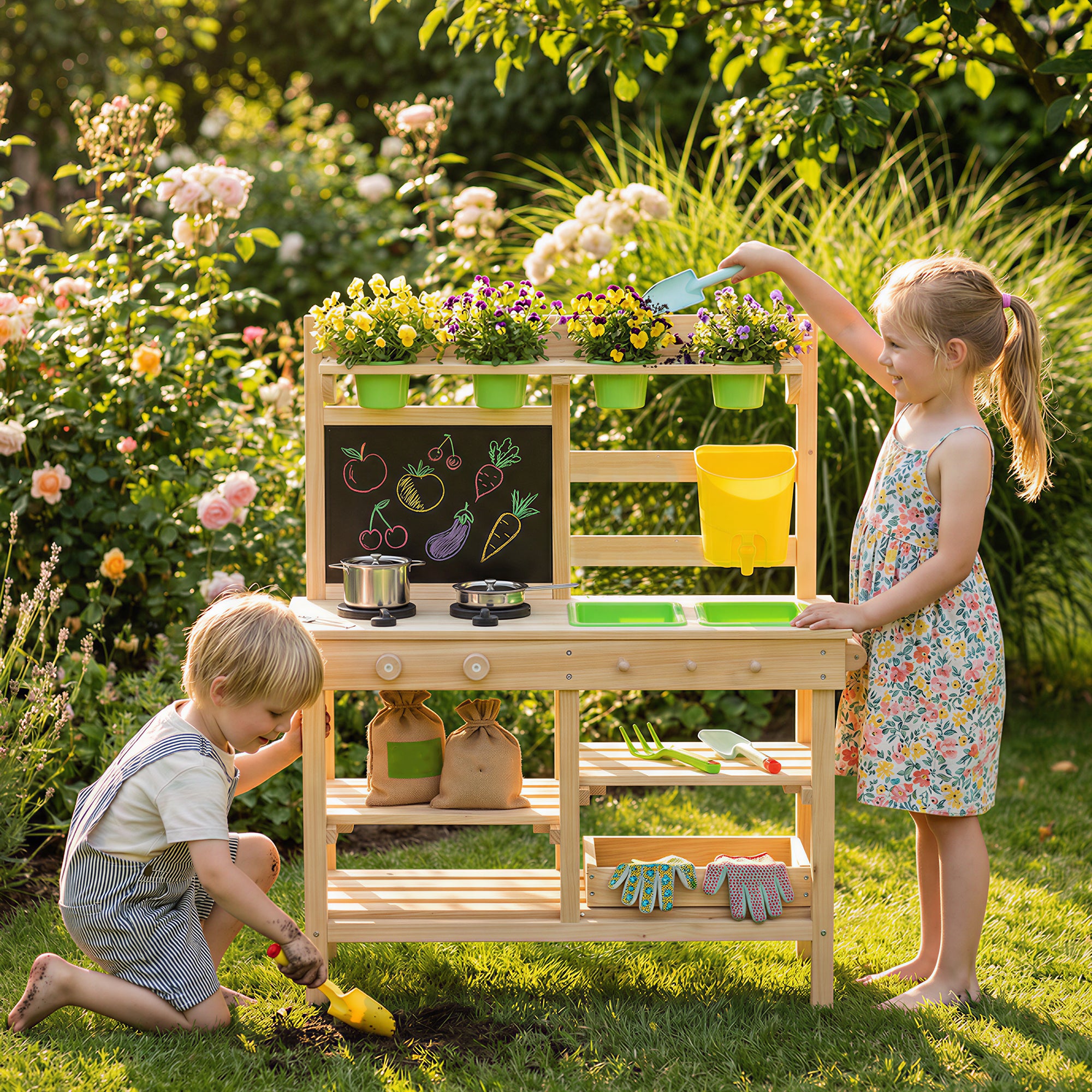 Outdoor Toy Kitchen — Wooden Play Kitchen with Planters, Sink, Faucet, Stainless-Steel Utensils, Chalkboard, Shelves & Hooks — Ages 3–6, Natural
