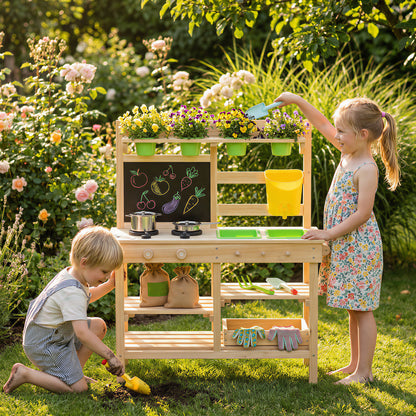 Outdoor Toy Kitchen — Wooden Play Kitchen with Planters, Sink, Faucet, Stainless-Steel Utensils, Chalkboard, Shelves & Hooks — Ages 3–6, Natural