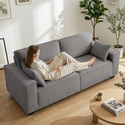 3-Seater Sofa, 86" Wide Couch with Wide Armrests, 2 Cushions, Comfortable Cord-Style Lounge Sofa, Padded Upholstered Sofa for Living Room/Bedroom, Light Gray