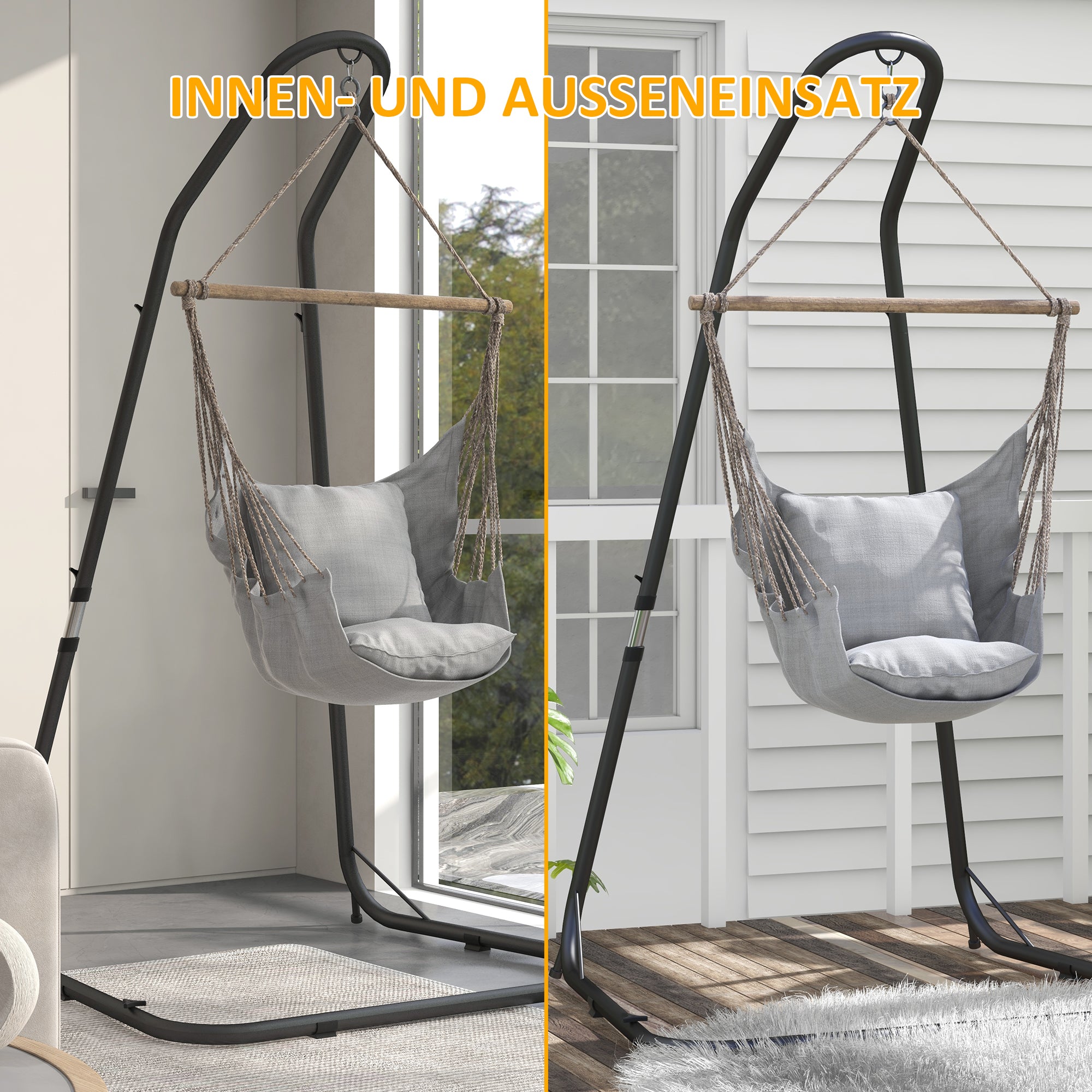 Hanging Chair Stand Hammock Chair Stand Height Adjustable Stand for Hanging Chair up to 150 kg Load Capacity for Garden, Balcony, Metal, Black, 133 x 116 x 195/230 cm
