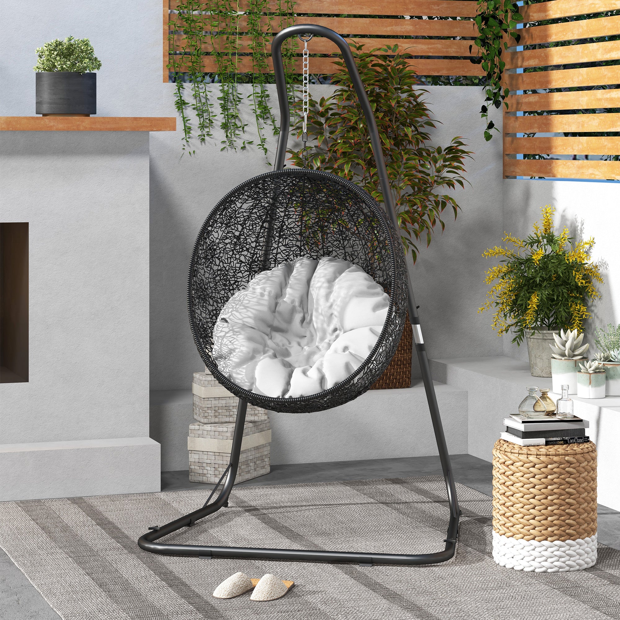 Hanging Chair Stand Hammock Chair Stand Height Adjustable Stand for Hanging Chair up to 150 kg Load Capacity for Garden, Balcony, Metal, Black, 133 x 116 x 195/230 cm