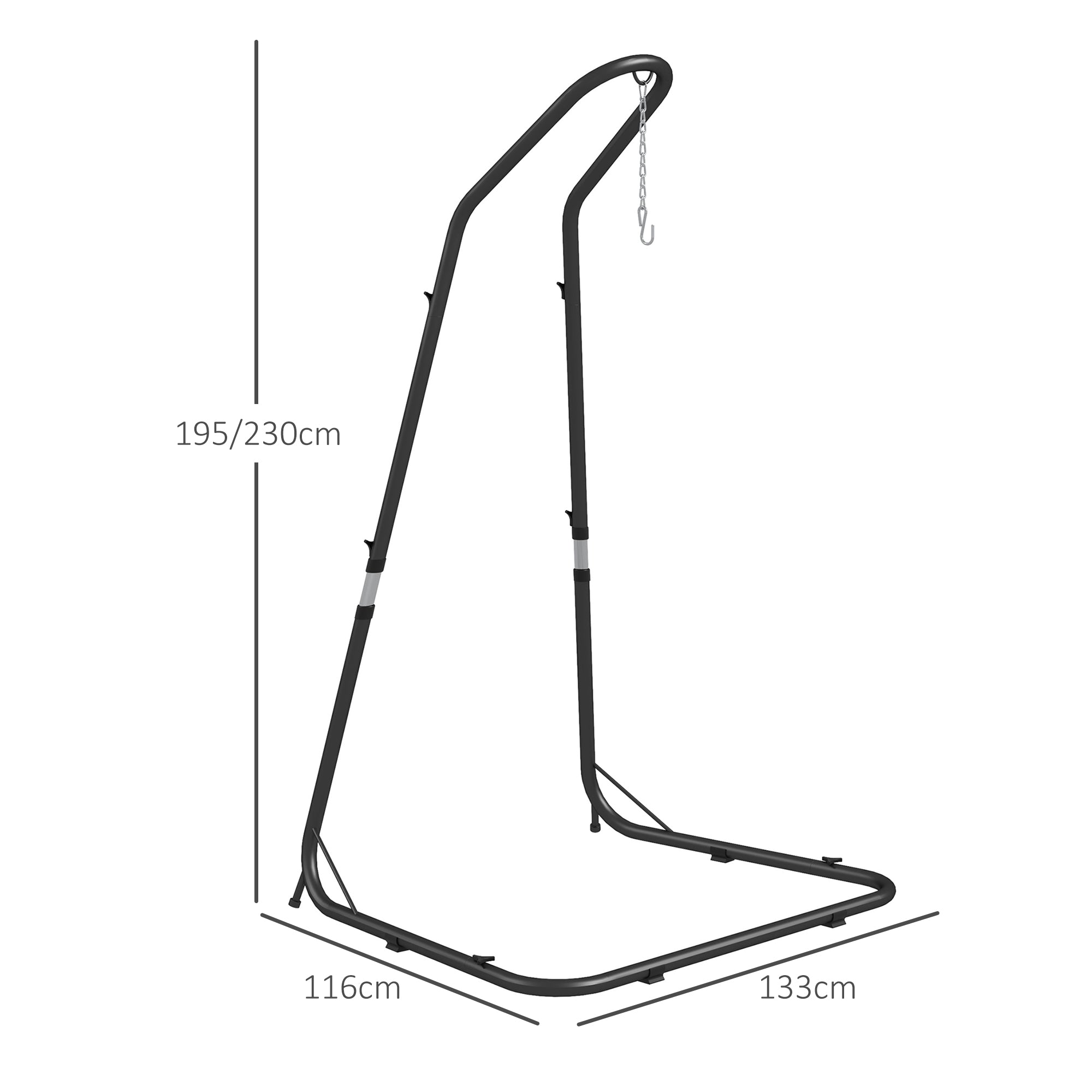 Hanging Chair Stand Hammock Chair Stand Height Adjustable Stand for Hanging Chair up to 150 kg Load Capacity for Garden, Balcony, Metal, Black, 133 x 116 x 195/230 cm