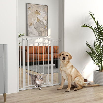 Door Guard for Dogs, 76-104 cm Barrier Gate without Drilling, Stair Gate made of Steel, Stair Protection Gate with Cat Door, Safety Gate for Stairs, Doors, Hallways, White
