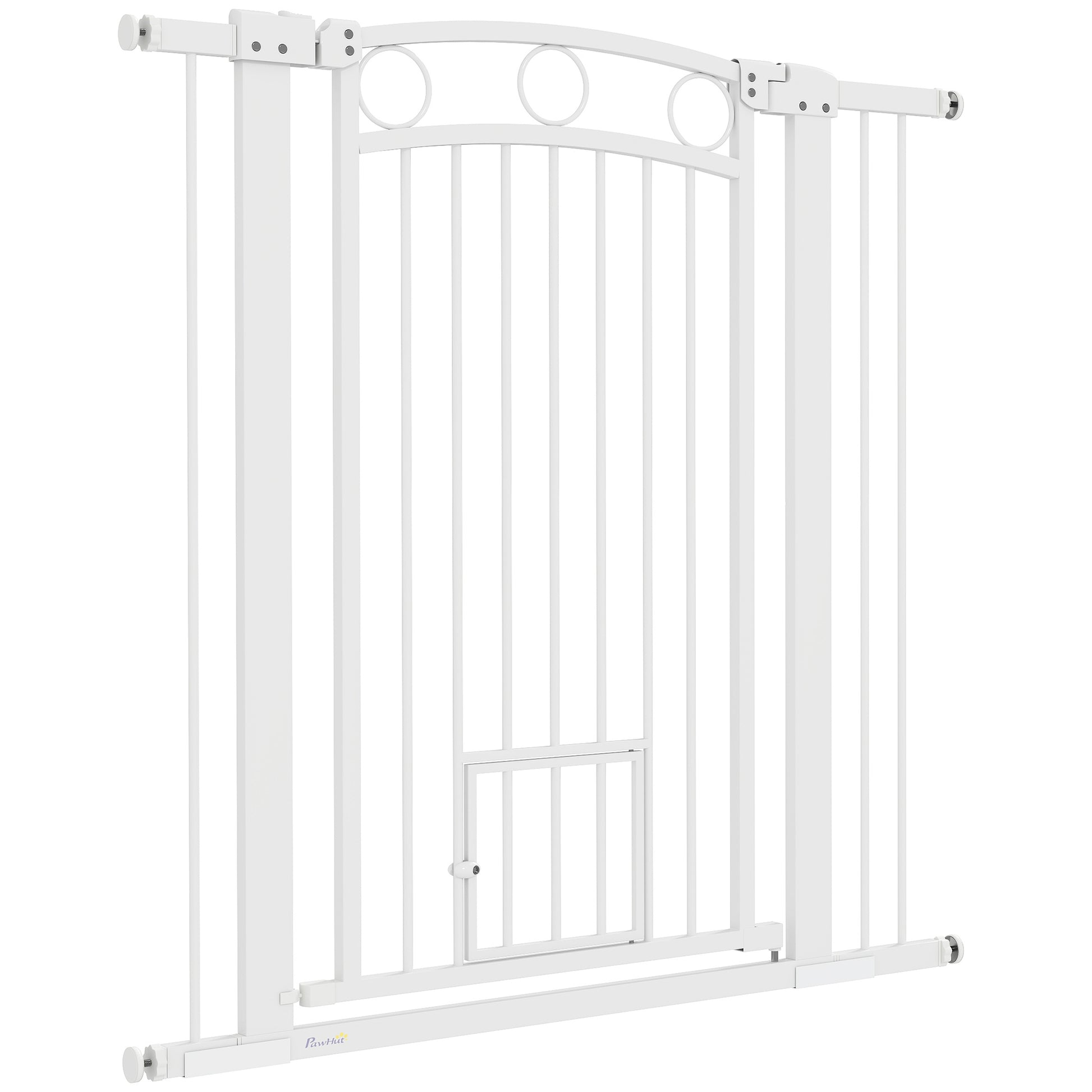 Door Guard for Dogs, 76-104 cm Barrier Gate without Drilling, Stair Gate made of Steel, Stair Protection Gate with Cat Door, Safety Gate for Stairs, Doors, Hallways, White