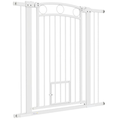 Door Guard for Dogs, 76-104 cm Barrier Gate without Drilling, Stair Gate made of Steel, Stair Protection Gate with Cat Door, Safety Gate for Stairs, Doors, Hallways, White