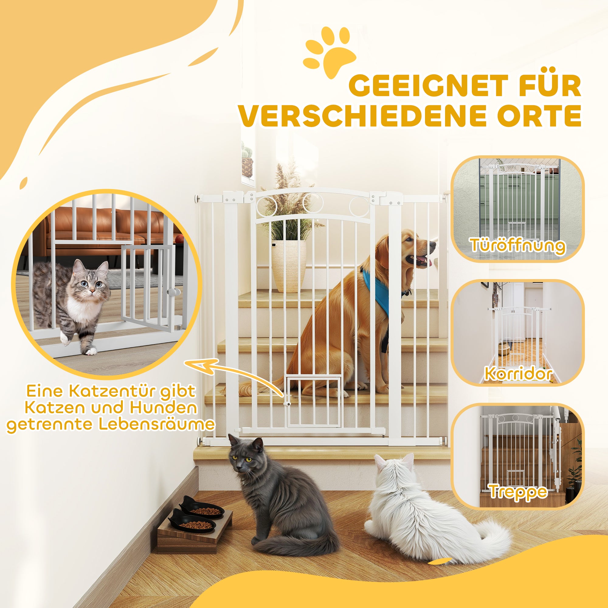 Door Guard for Dogs, 76-104 cm Barrier Gate without Drilling, Stair Gate made of Steel, Stair Protection Gate with Cat Door, Safety Gate for Stairs, Doors, Hallways, White