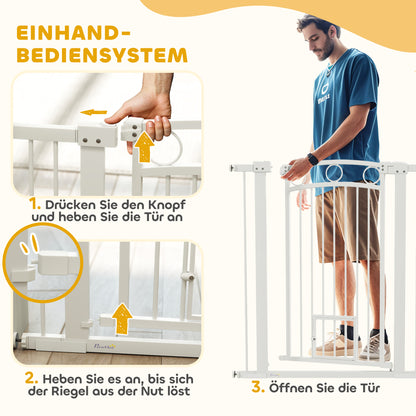 Door Guard for Dogs, 76-104 cm Barrier Gate without Drilling, Stair Gate made of Steel, Stair Protection Gate with Cat Door, Safety Gate for Stairs, Doors, Hallways, White