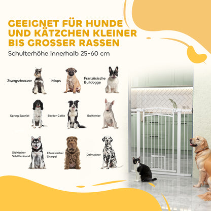 Door Guard for Dogs, 76-104 cm Barrier Gate without Drilling, Stair Gate made of Steel, Stair Protection Gate with Cat Door, Safety Gate for Stairs, Doors, Hallways, White