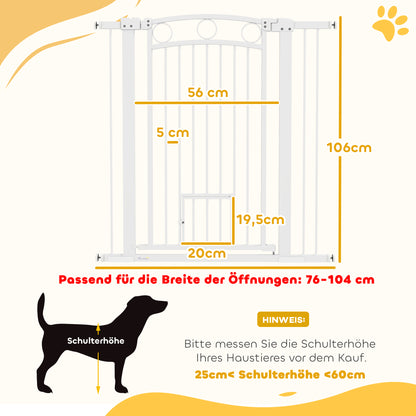 Door Guard for Dogs, 76-104 cm Barrier Gate without Drilling, Stair Gate made of Steel, Stair Protection Gate with Cat Door, Safety Gate for Stairs, Doors, Hallways, White