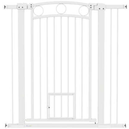 Door Guard for Dogs, 76-104 cm Barrier Gate without Drilling, Stair Gate made of Steel, Stair Protection Gate with Cat Door, Safety Gate for Stairs, Doors, Hallways, White