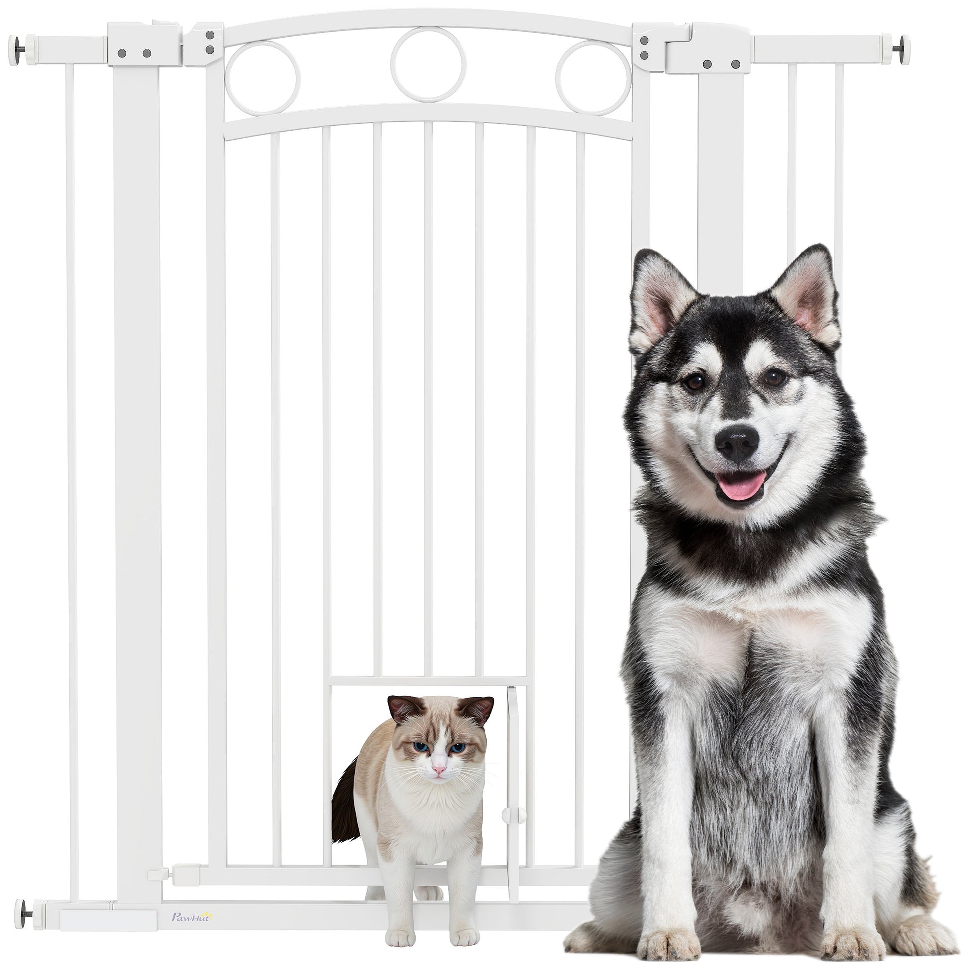 Door Guard for Dogs, 76-104 cm Barrier Gate without Drilling, Stair Gate made of Steel, Stair Protection Gate with Cat Door, Safety Gate for Stairs, Doors, Hallways, White