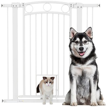 Door Guard for Dogs, 76-104 cm Barrier Gate without Drilling, Stair Gate made of Steel, Stair Protection Gate with Cat Door, Safety Gate for Stairs, Doors, Hallways, White
