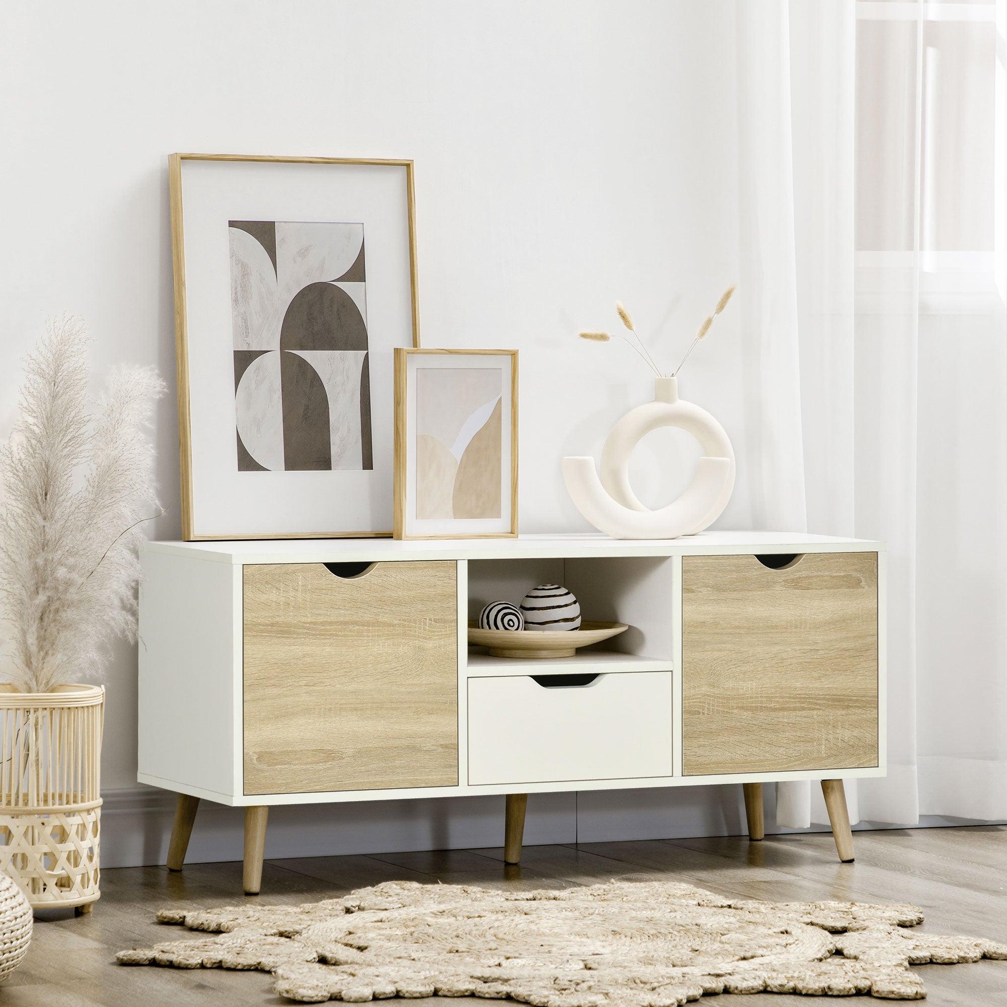 TV Stand with Drawer, 2 Doors, and Compartment TV Stand for TVs up to 50 Inches Sideboard for Living Room Bedroom 110x40x50 cm White and Natural